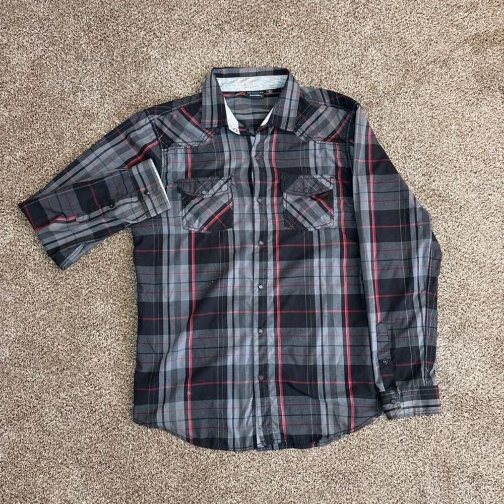 Title: Burnside Plaid Button-Up Shirt Black Gray Red XL Western Flannel